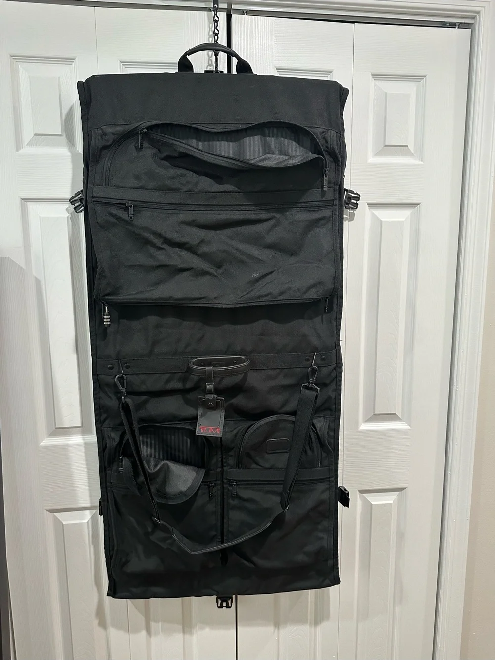 Tumi Black Travel Garment Bag with Dual Front Pockets and Shoulder Strap